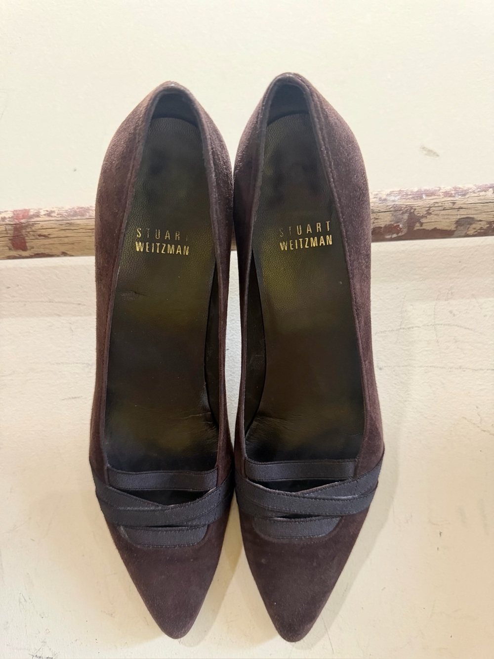 Stuart Weitzman Dark Brown Suede Pointed-Toe Pumps with Strap Detail